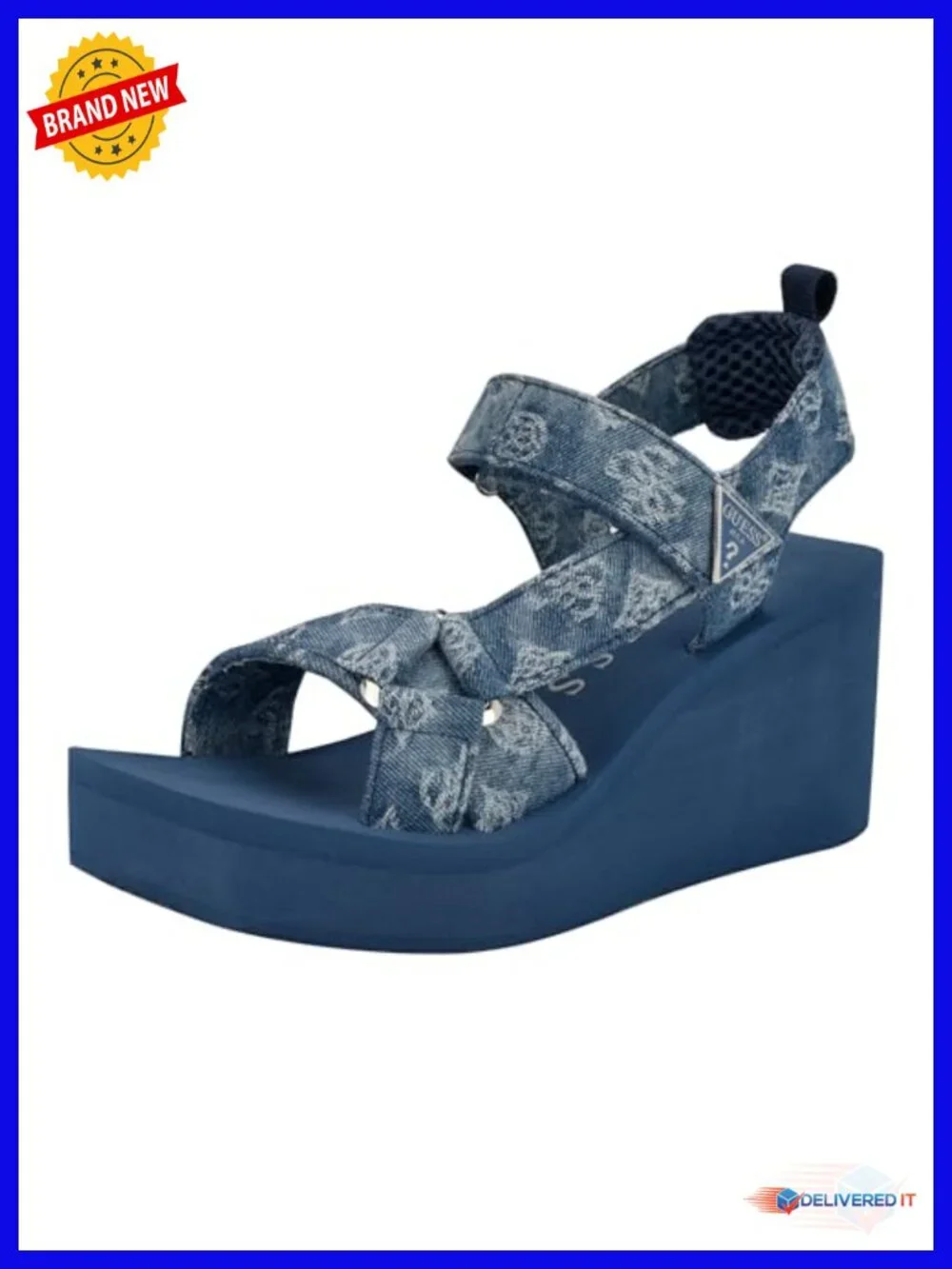 Strappy Open Toe Denim Wedge Sandals with Hook & Loop Closure